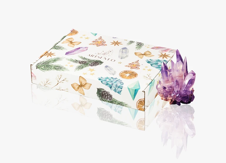 artsento ekskluzywne opakowanie kartonowe z unikalnym nadrukiem na święta, idealne dla kryształów, minerałów i kamieni szlachetnych
